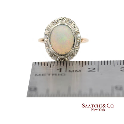 14K White and Yellow Gold Vintage Natural Diamond and Natural Opal Ring
