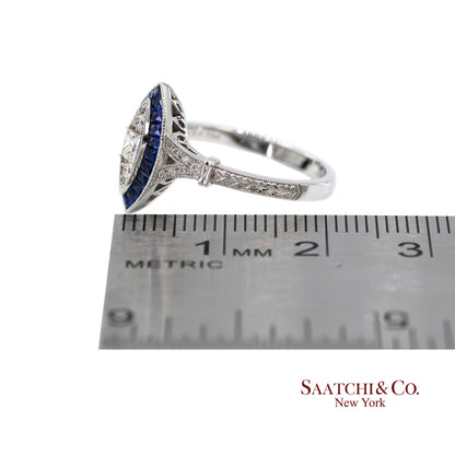 18K (750) White Gold Natural Diamond and Sapphire Marquise Milgrain Ring