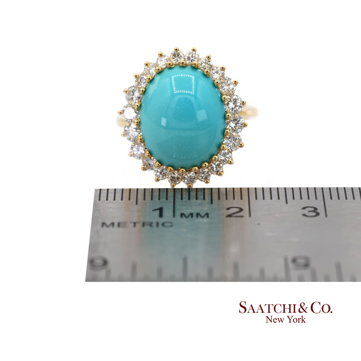 18K Yellow Gold Turquoise  Natural Diamond Halo Ring