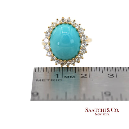 18K Yellow Gold Turquoise  Natural Diamond Halo Ring