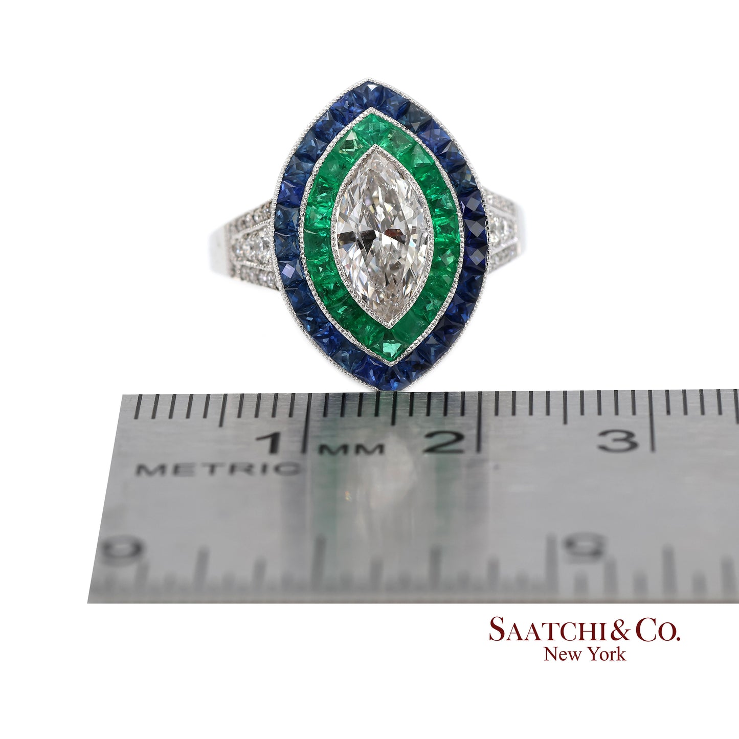 GIA_18K 750 Solid White Gold Natural Diamond Emerald and Sapphire Milgrain Ring