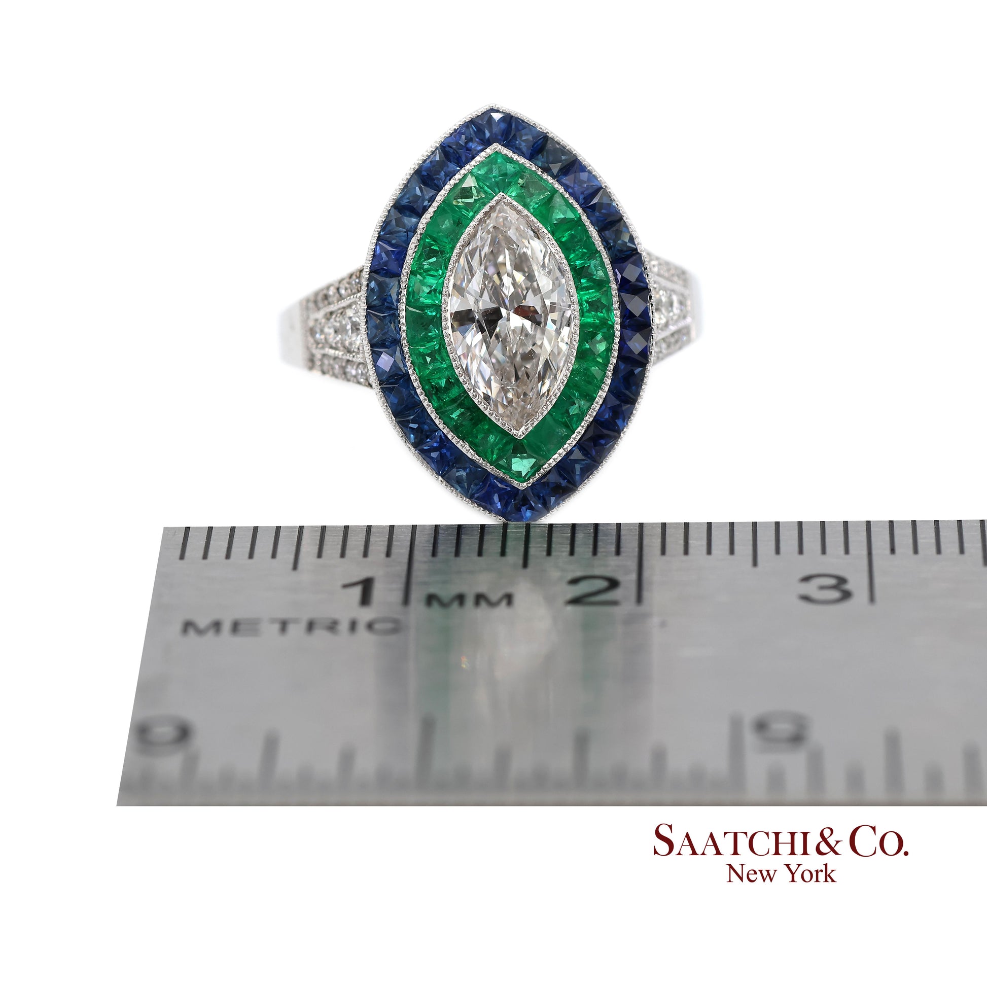 GIA_18K 750 Solid White Gold Natural Diamond Emerald and Sapphire Milgrain Ring