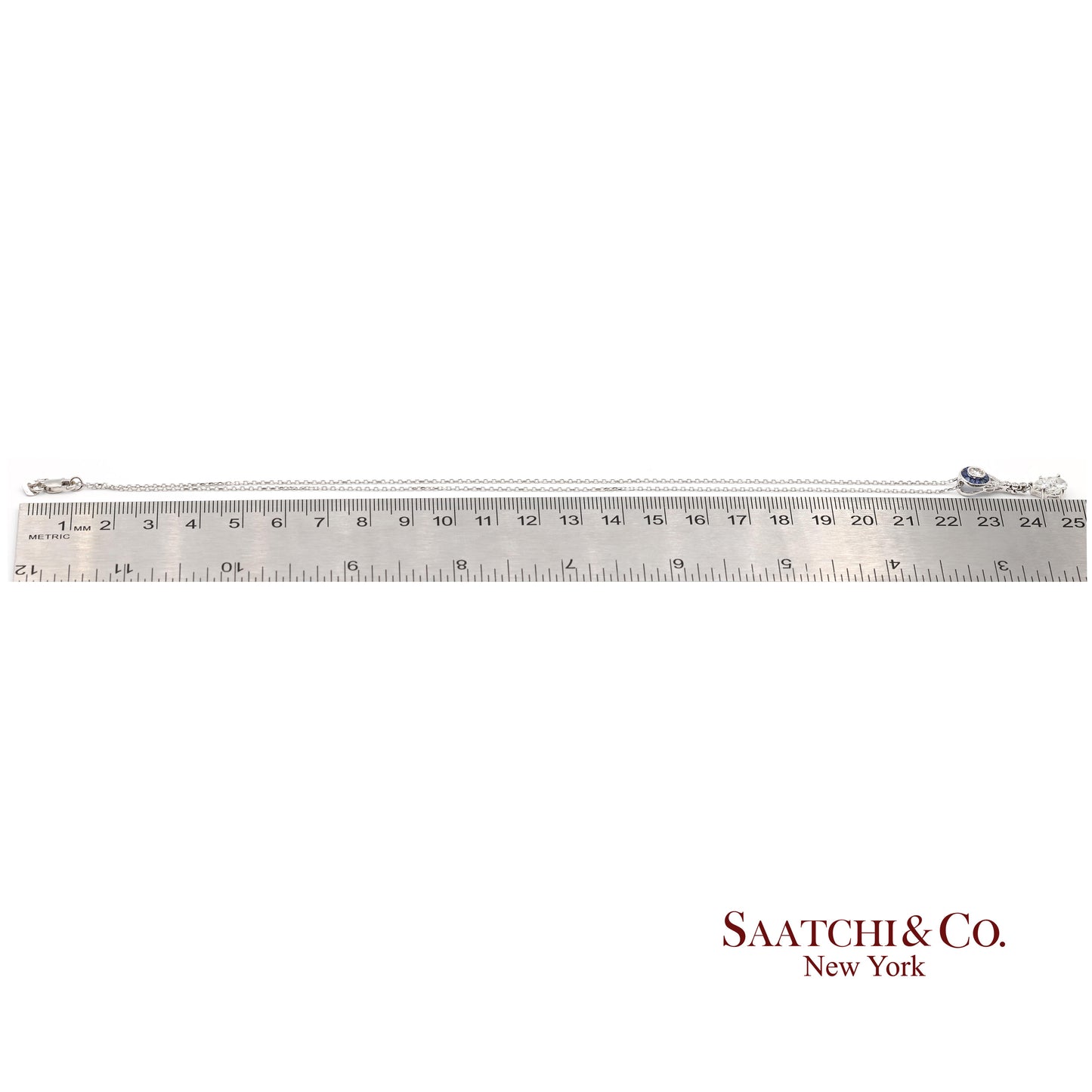 18K White Gold Natural Diamond and Pie Cut Sapphire Pendant with 14K Gold Chain