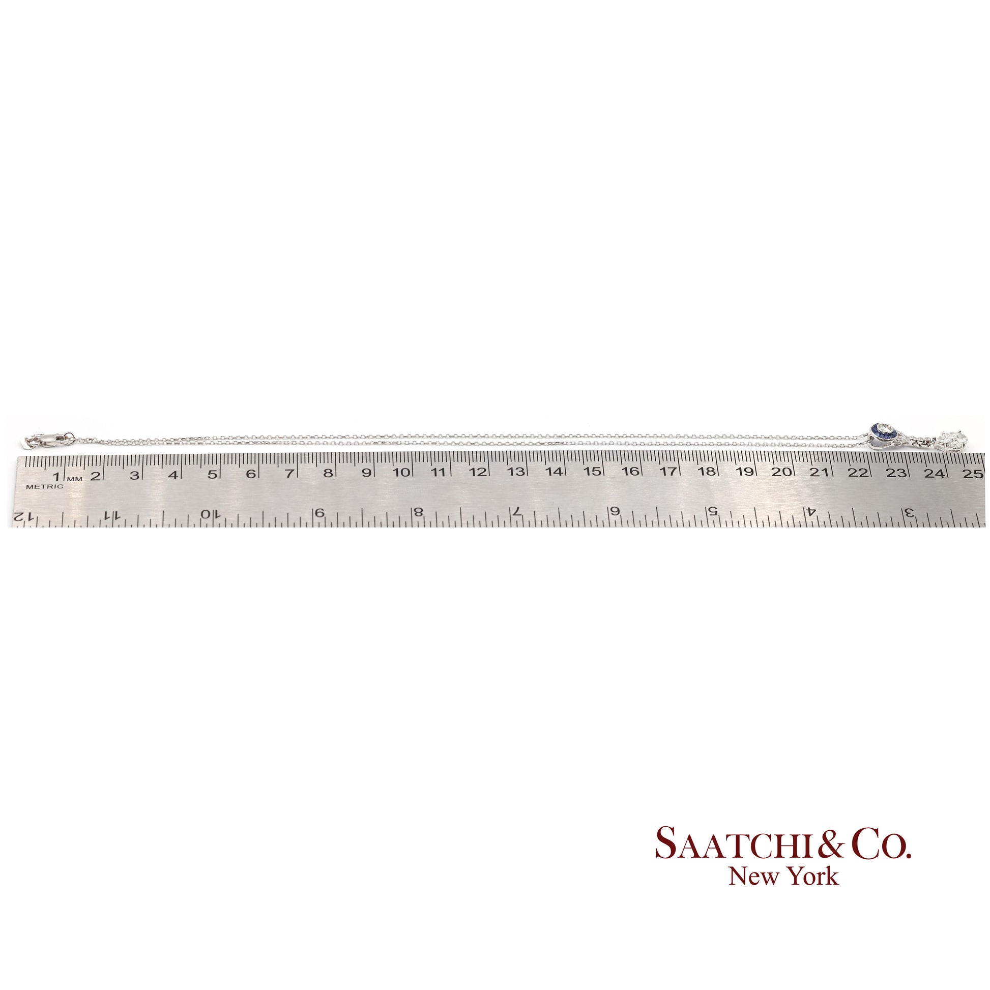 18K White Gold Natural Diamond and Pie Cut Sapphire Pendant with 14K Gold Chain