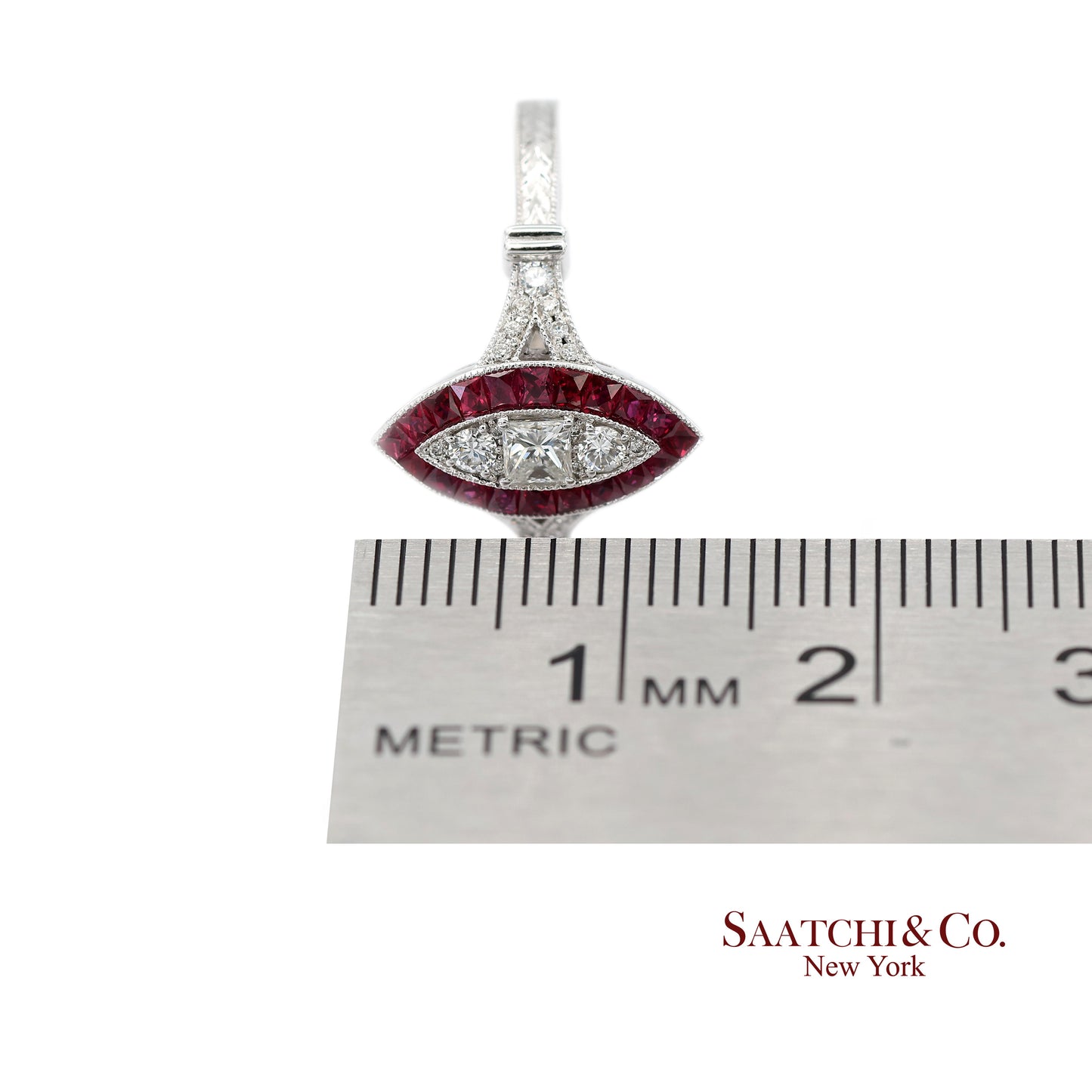18K (750) White Gold Natural Diamond and Marquise Ruby Milgrain Ring