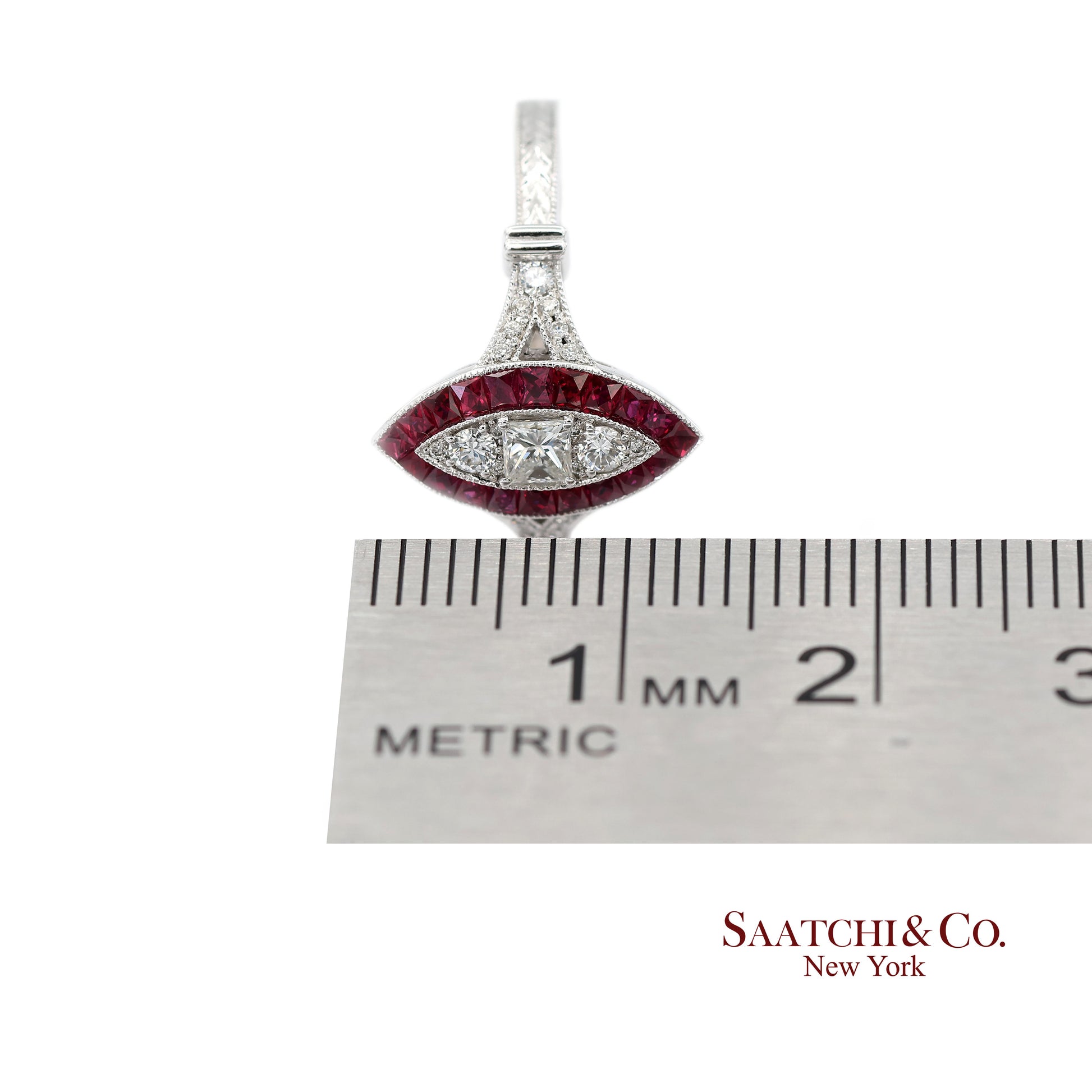 18K (750) White Gold Natural Diamond and Marquise Ruby Milgrain Ring