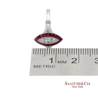 18K (750) White Gold Natural Diamond and Marquise Ruby Milgrain Ring
