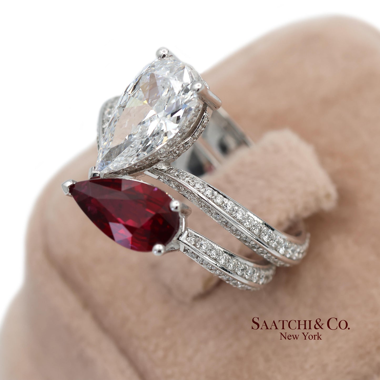 18K(750) Solid White Gold Natural Diamond and Ruby Toi et Moi Ring