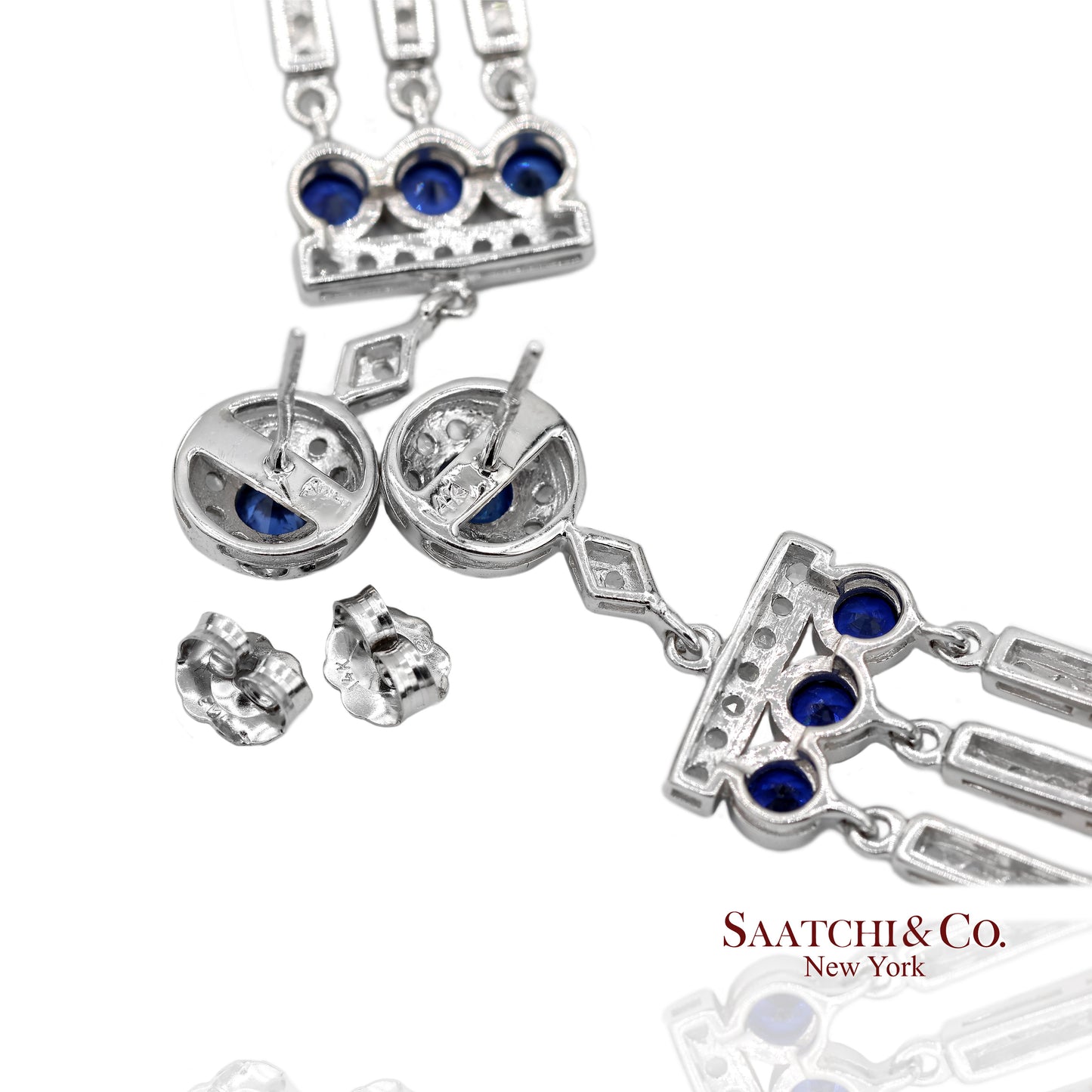 14K(585) Vintage White Gold Natural Diamond and Sapphire Earrings