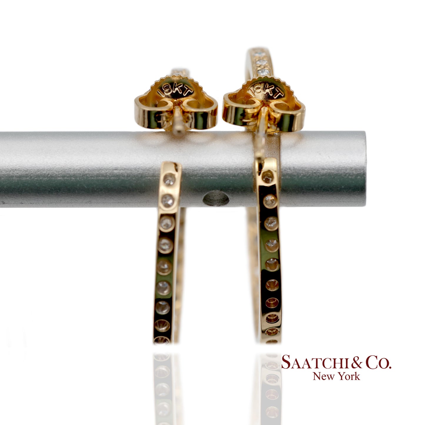 18K(750) Solid Yellow Gold In and Out Natural Diamond Hoop Earrings