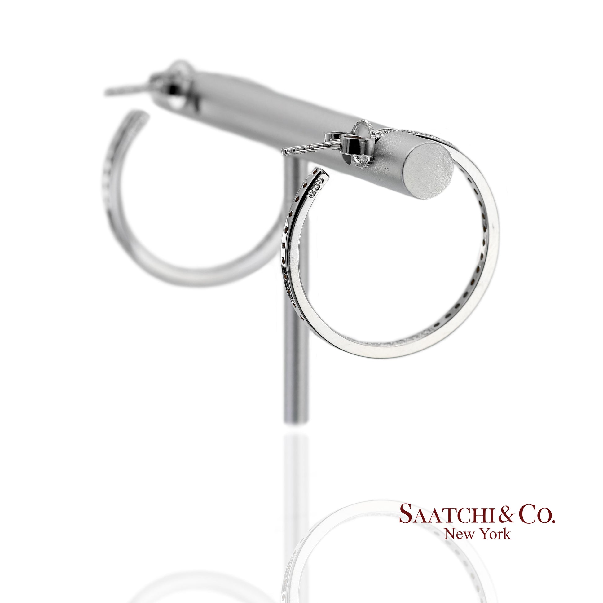 18K(750) Solid White Gold In and Out Natural Diamond Hoop Earrings