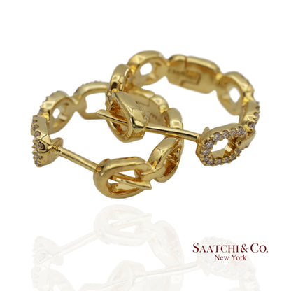 14K(585) Solid Yellow Gold Natural Diamond Link Chain Huggies Earrings