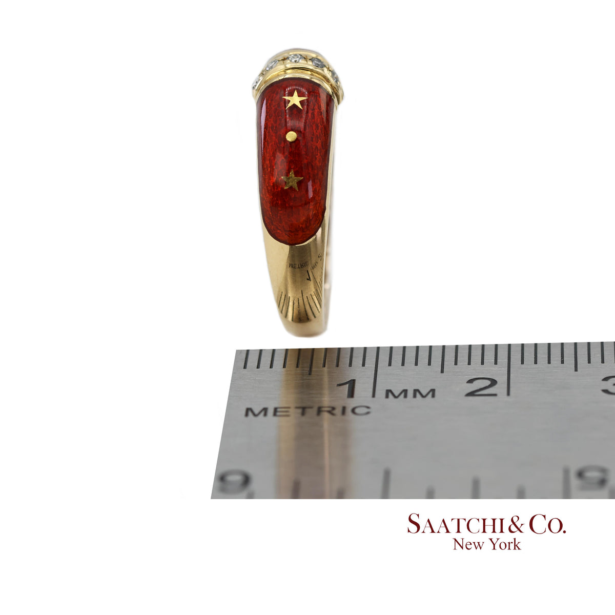 Vintage Faberge 18K (750) Solid Yellow Gold Red Enamel Diamond Ring