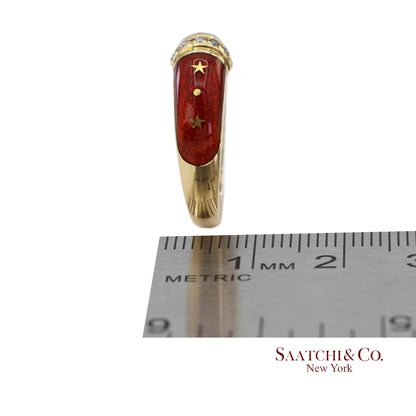 Vintage Faberge 18K (750) Solid Yellow Gold Red Enamel Diamond Ring