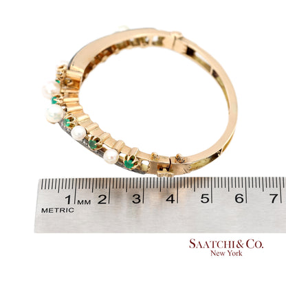 Old Vintage 14K (585) Yellow Gold Natural Diamond Bangle Bracelet