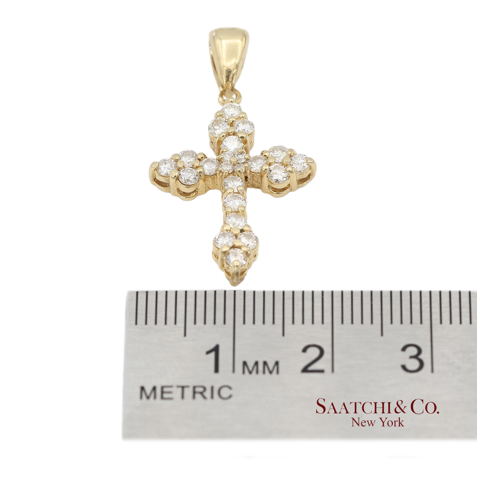 14K(585) Solid Yellow Gold Natural Diamond Cross Pendant Necklace