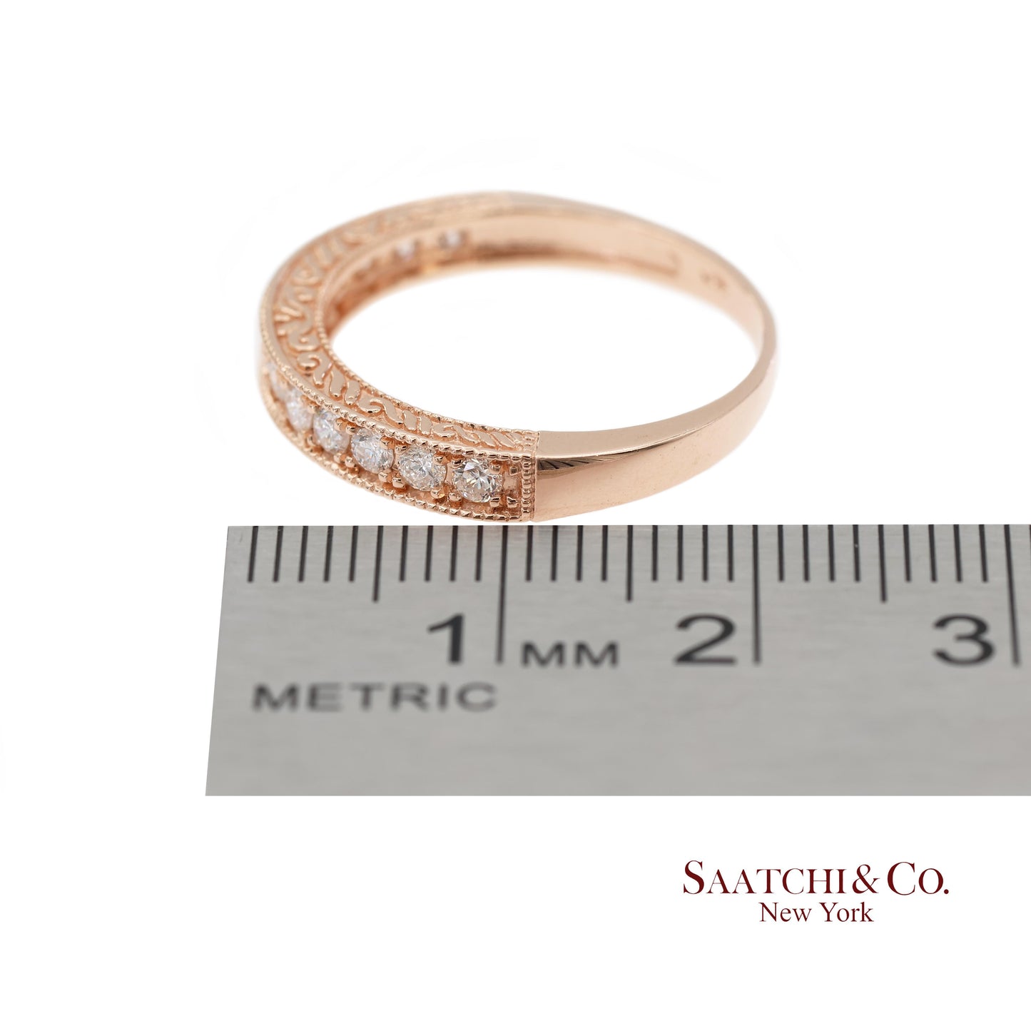14K 585 Solid Rose Gold Side Engraving Natural Diamond Band Ring