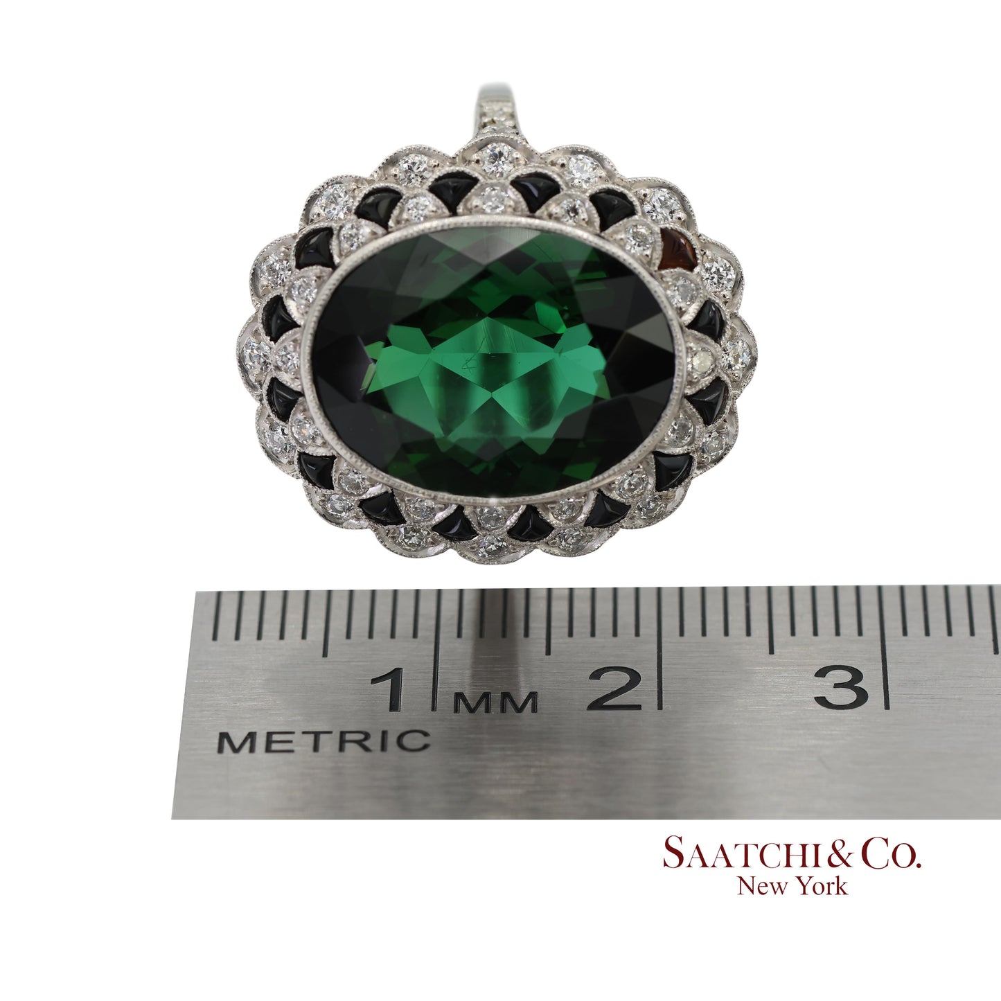 Vintage Platinum 950 Milgrain Natural Diamond and Tourmaline Ring