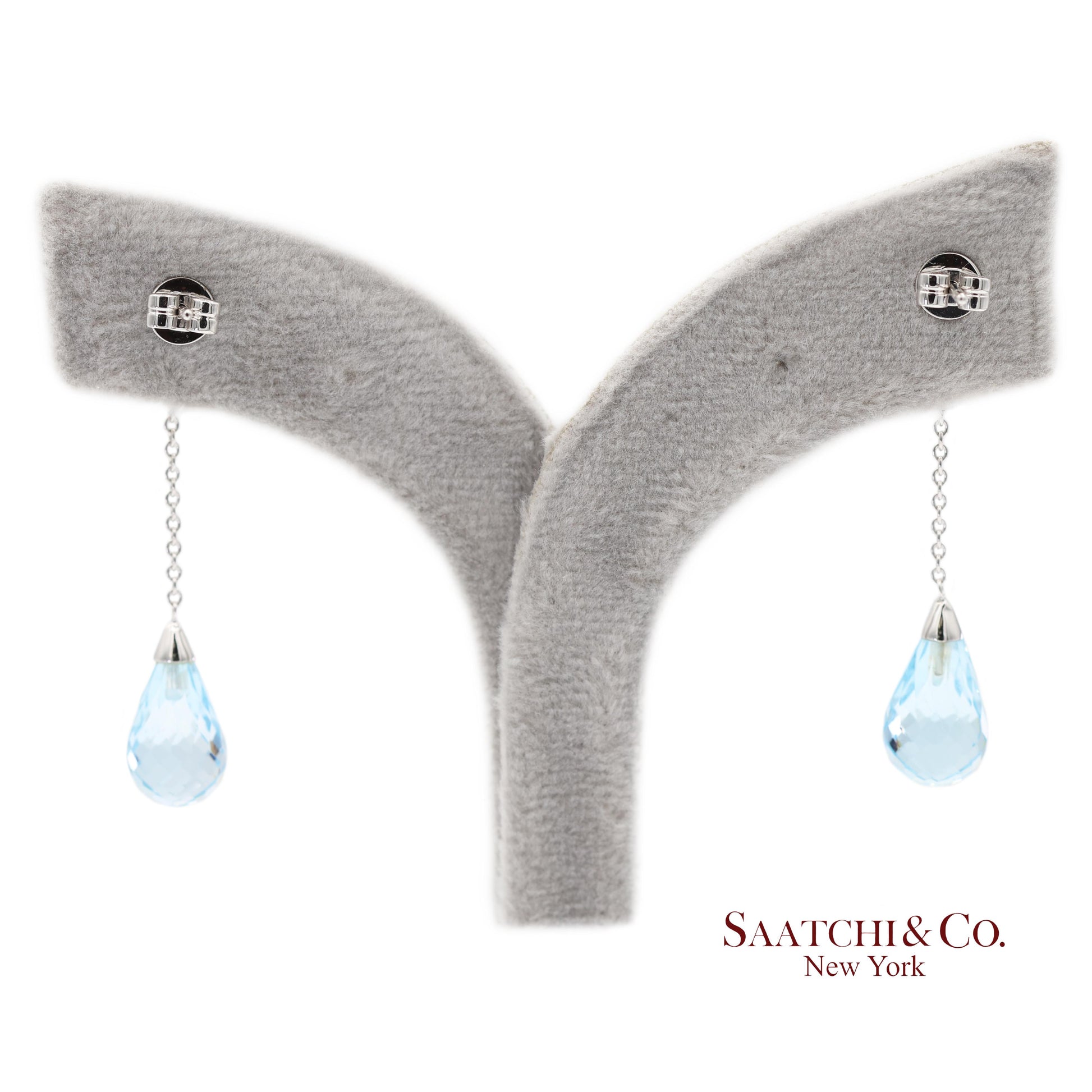 18K 750 Solid White Gold Blue Topaz Drop Earrings