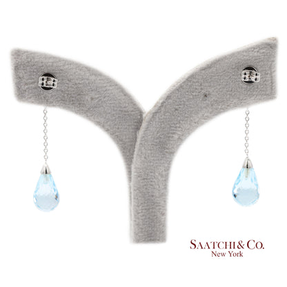 18K 750 Solid White Gold Blue Topaz Drop Earrings