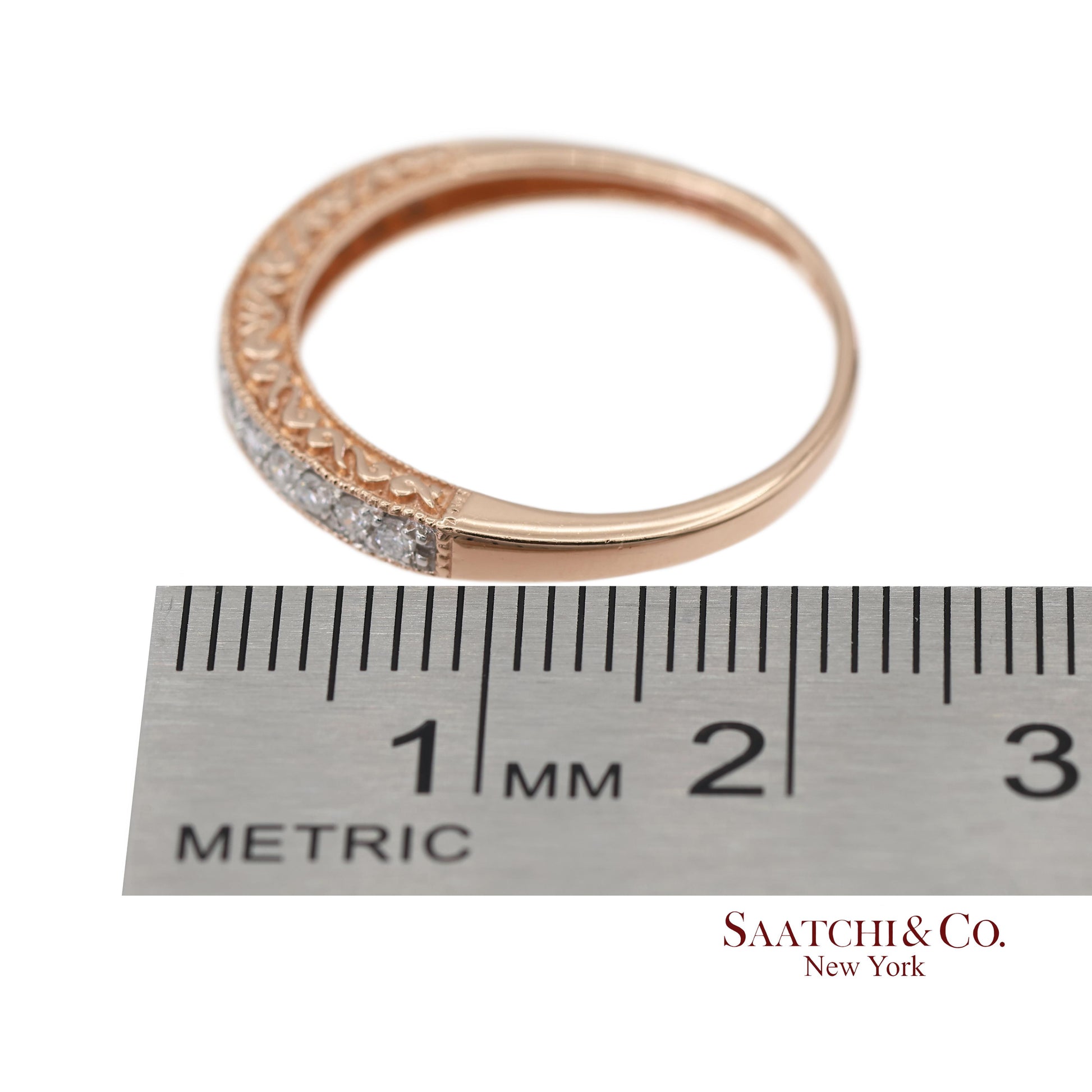 14K 585 Solid Rose Gold Engraving and Milgrain Natural Diamond Band Ring
