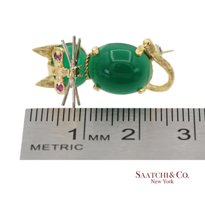 18K 750 Solid Yellow Gold Natural Ruby Eyes & Green Gemstones Cat Pin Brooch
