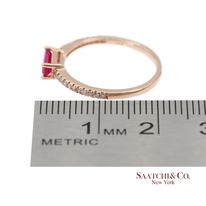 14K 585 Solid Rose Gold Pink Baguette Cut Stone and Natural Diamond Ring