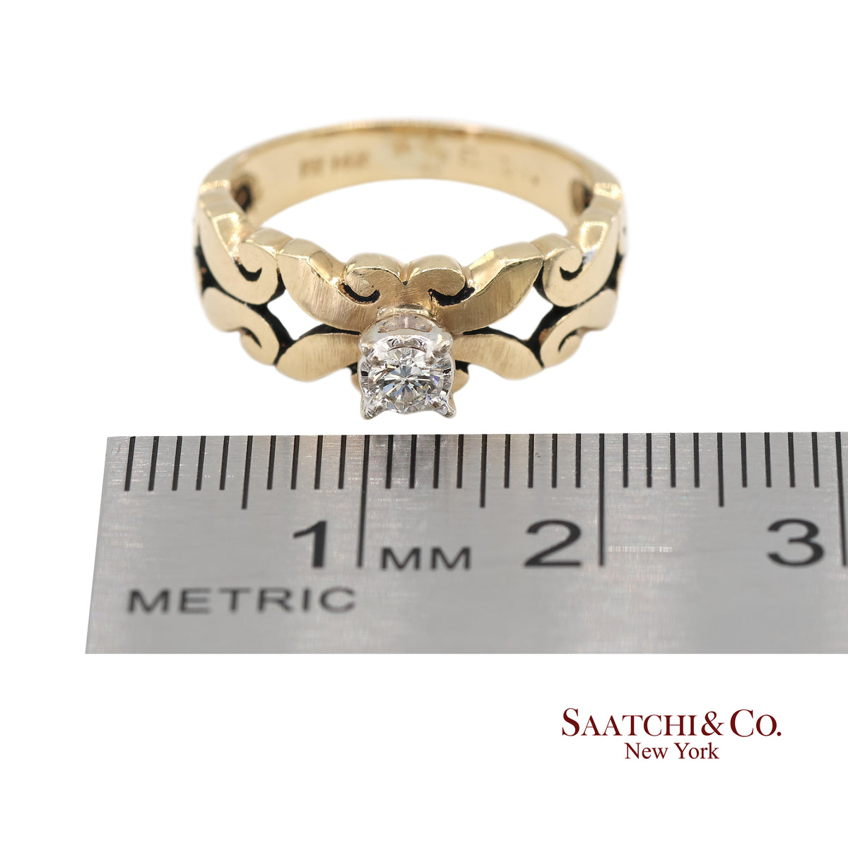 0.13 Ct Natural Diamond 14K Yellow Gold Openwork Scroll Design Ring