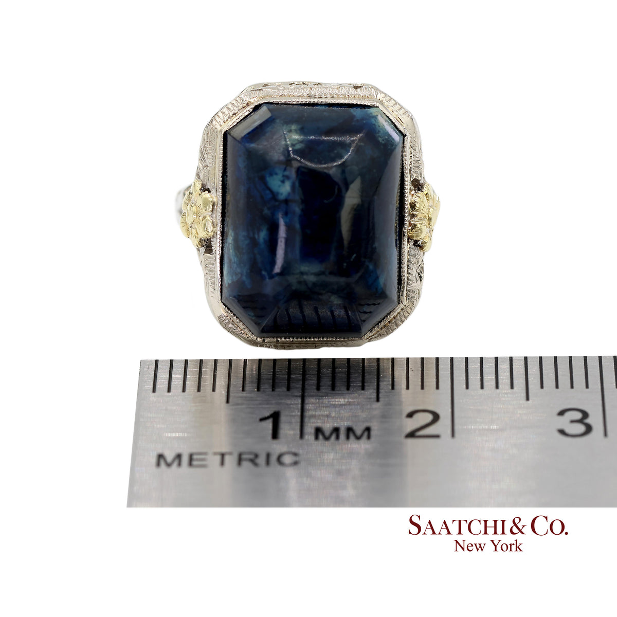 Vintage 14K Two Tone Yellow and White Gold Blue Stone Ornate Floral Motif Ring