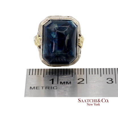 Vintage 14K Two Tone Yellow and White Gold Blue Stone Ornate Floral Motif Ring