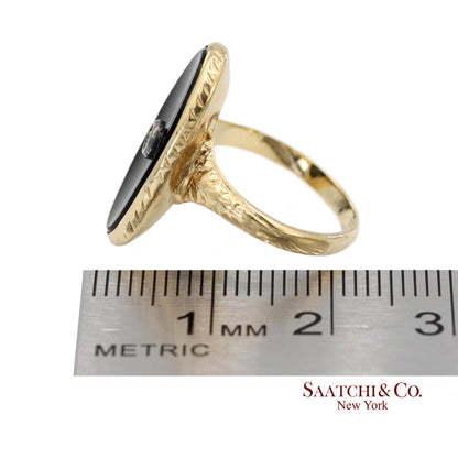 Vintage 14K Solid Yellow Gold Oval Black Onyx and Diamond Ring