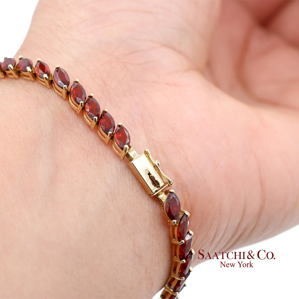 Vintage 14K 585 Solid Yellow Gold Red Garnet Marquise Cut Tennis Bracelet