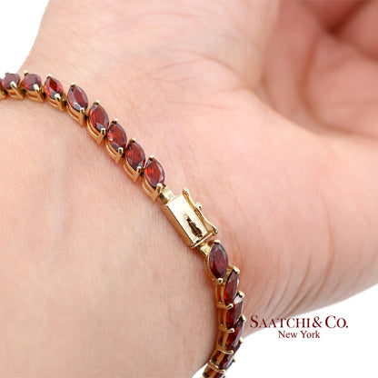 Vintage 14K 585 Solid Yellow Gold Red Garnet Marquise Cut Tennis Bracelet