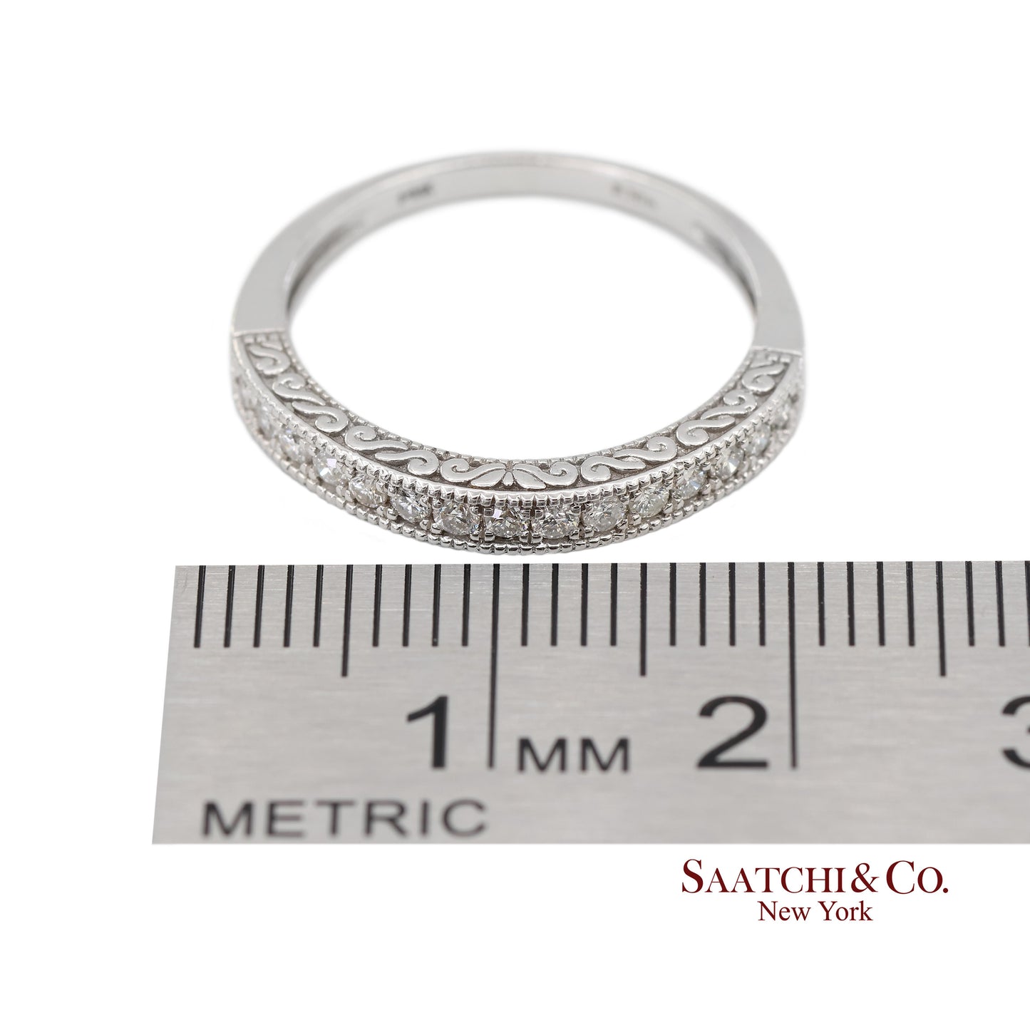 14K 585 Solid White Gold Side Engraving Milgrain Natural Diamond Band Ring