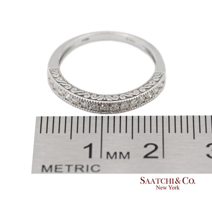 14K 585 Solid White Gold Side Engraving Milgrain Natural Diamond Band Ring