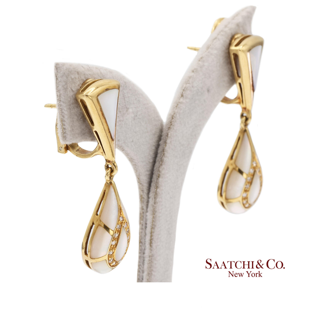 18K Yellow Gold 0.50 ct Natural Diamond and Mother of Pearl Omega Back Earrings