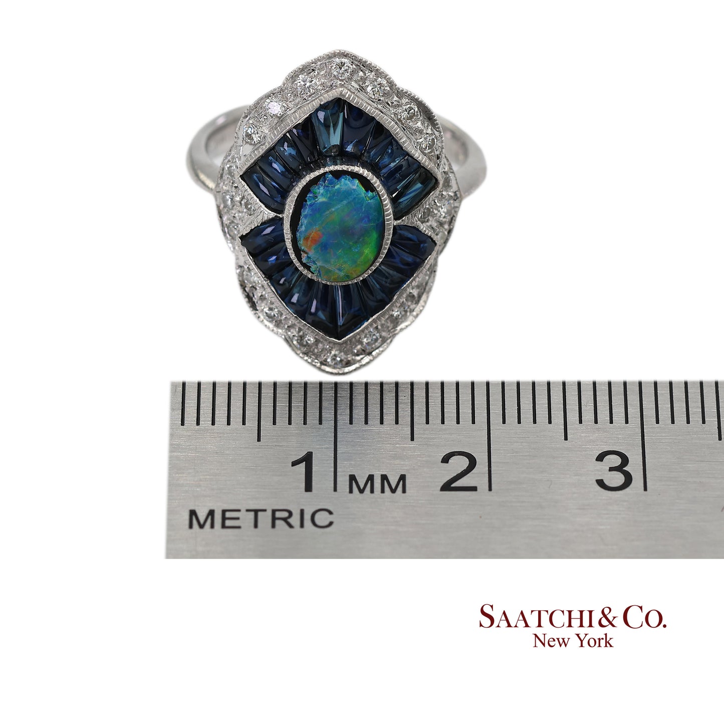 18K(750) Solid White Gold Natural Diamond Sapphire and Opal Ring