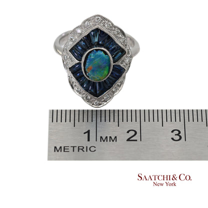 18K(750) Solid White Gold Natural Diamond Sapphire and Opal Ring