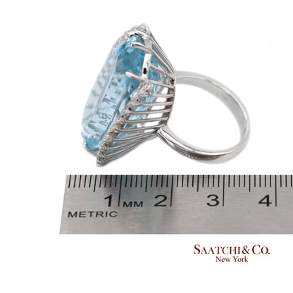18K(750) Solid Vintage White Gold Natural Diamond and Blue Topaz Ring