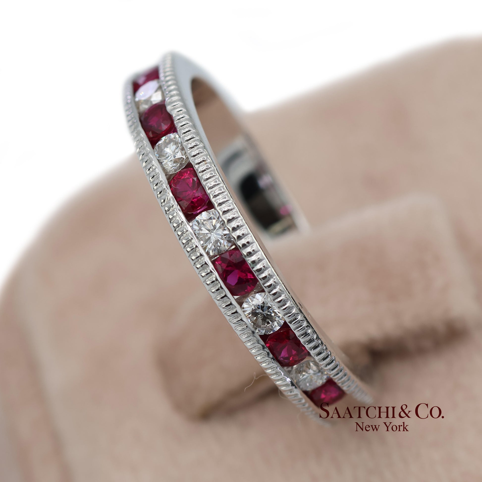 14K (585) Solid White Gold Natural Diamond and Ruby Half Band Ring