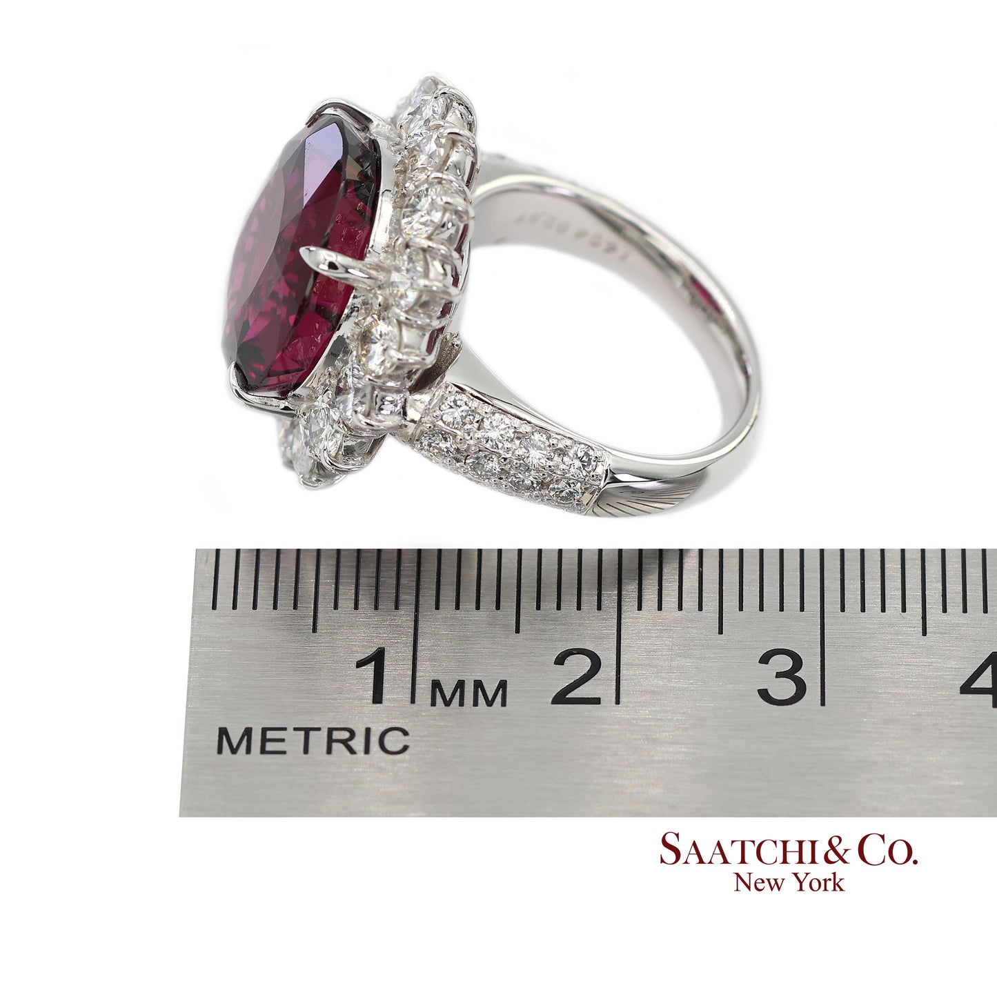 GIA Certified Solid Platinum 900 Natural Diamond and Natural Garnet Ring