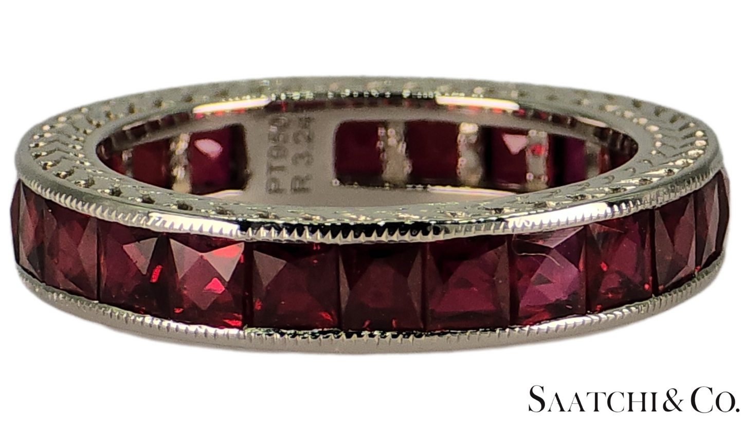 Stunning Platinum (950) Engraved Natural Ruby: Ring Band, Size 5.5