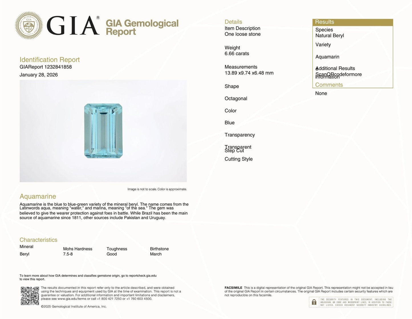 GIA Certified Natural Beryl Aquamarine Loose Stone