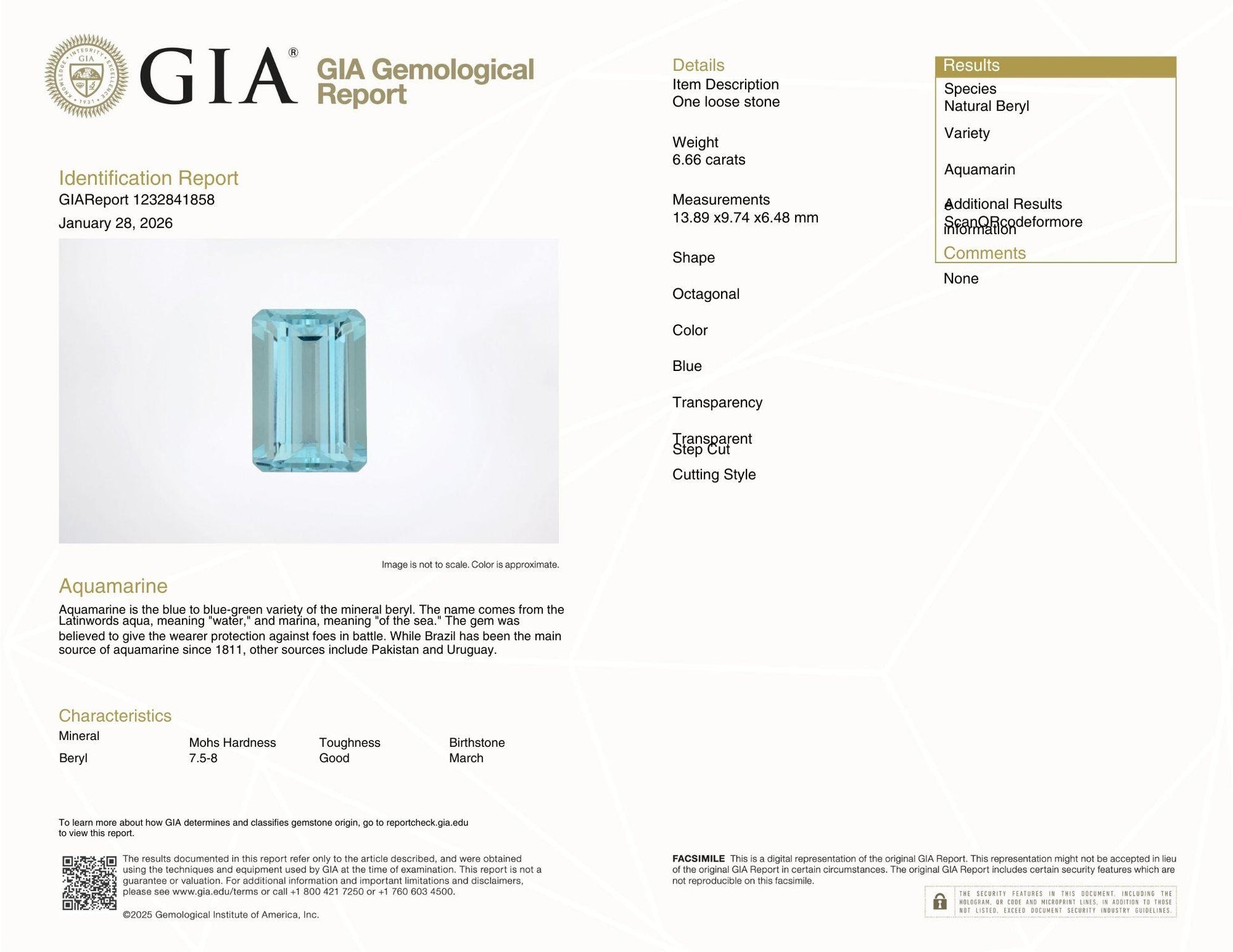 GIA Certified Natural Beryl Aquamarine Loose Stone