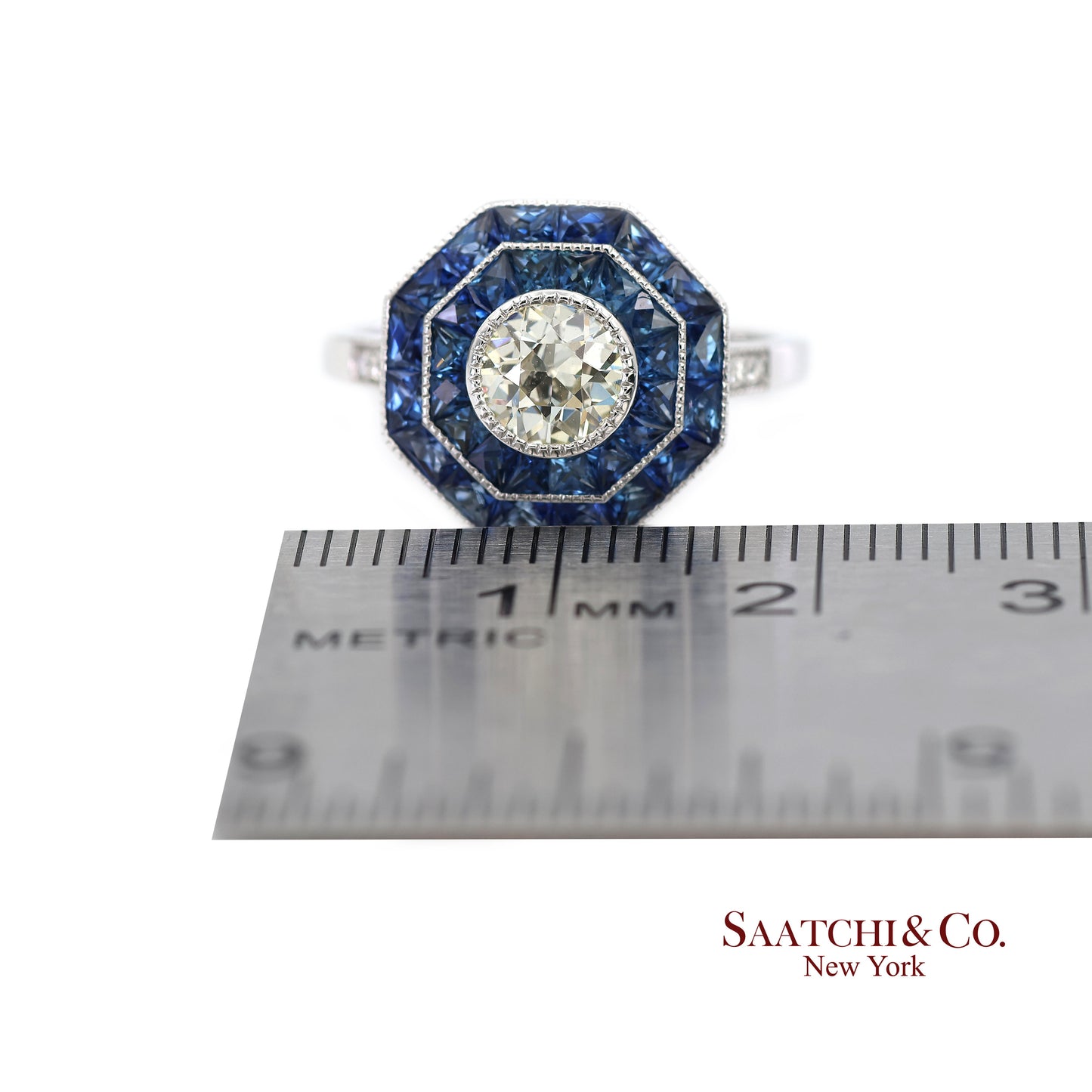 Platinum 950 Natural Diamond and Natural Sapphire Milgrain Ring