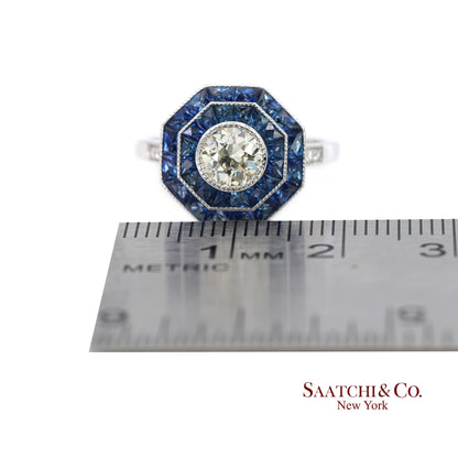 Platinum 950 Natural Diamond and Natural Sapphire Milgrain Ring