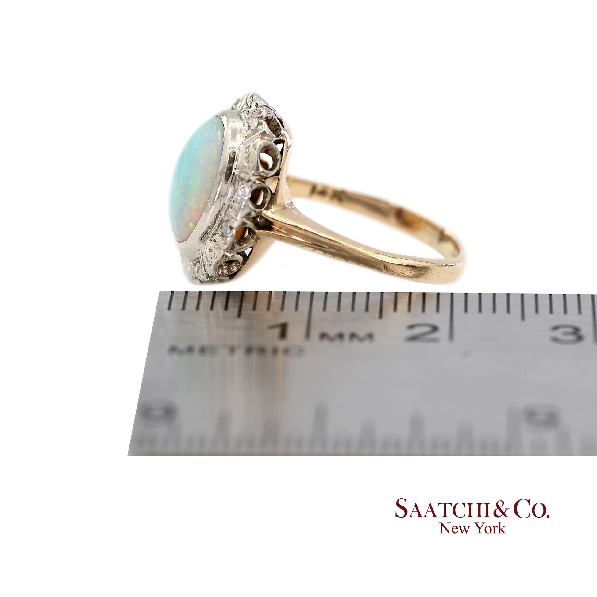 14K White and Yellow Gold Vintage Natural Diamond and Natural Opal Ring