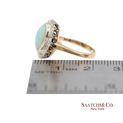 14K White and Yellow Gold Vintage Natural Diamond and Natural Opal Ring