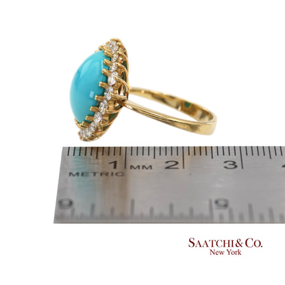 18K Yellow Gold Turquoise  Natural Diamond Halo Ring