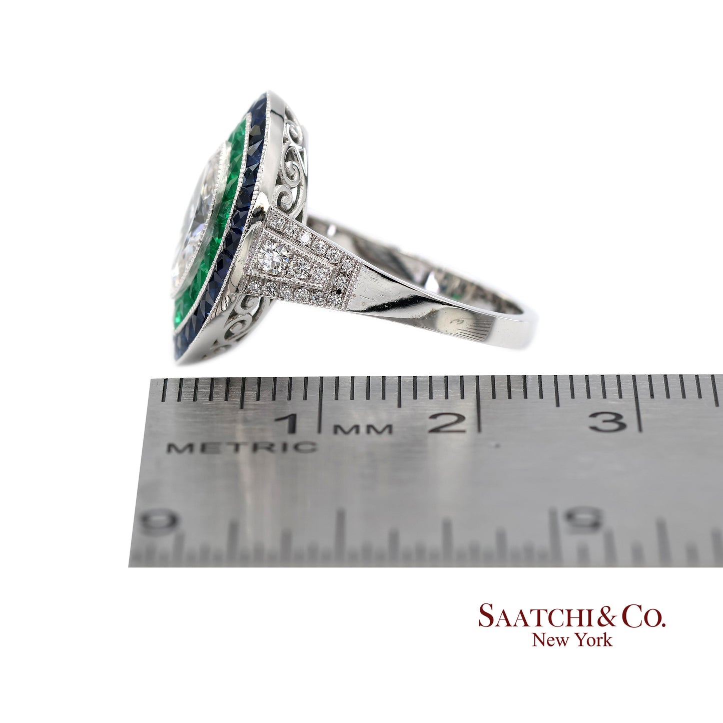 GIA_18K 750 Solid White Gold Natural Diamond Emerald and Sapphire Milgrain Ring